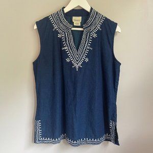 The Vermont Store Deep Blue 100% Cotton Sleeveless Top Embroidery Size LARGE